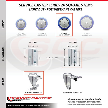 Service Caster 4 Inch Blue Polyurethane Wheel Swivel 7/8 Inch Square Stem Caster Brakes, 2PK SCC-SQ20S414-PPUB-BLUE-TLB-78-2-S-2